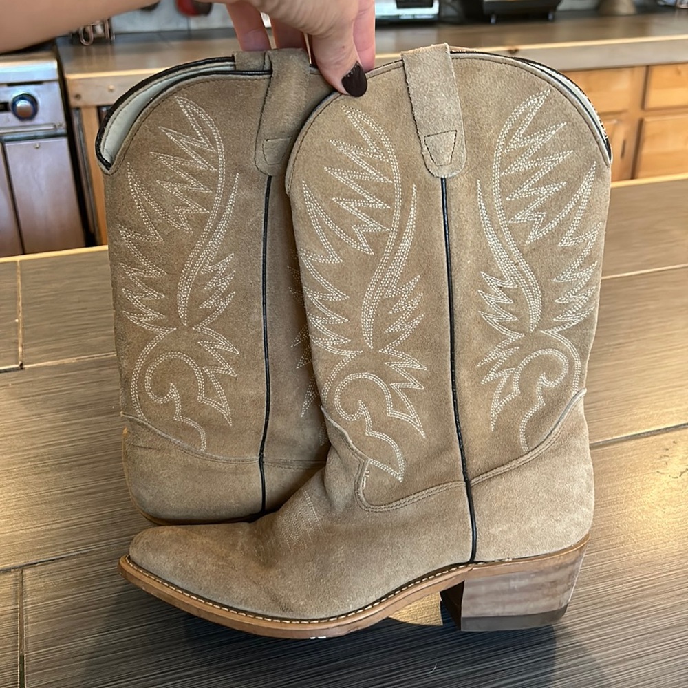 Cowgirl boots - tan suede with 2” heel.